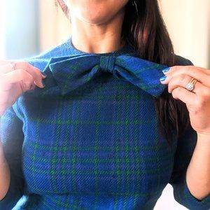 Vintage Wool Plaid Blue/Green Dress with Bow Detail.